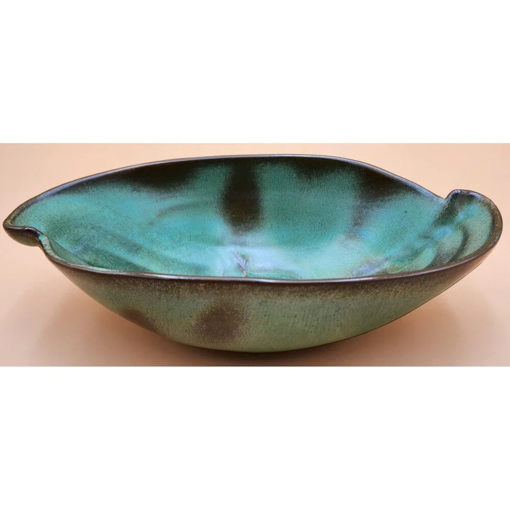 Vintage FRANKOMA Pottery Bowl #202 Prairie Brown Green Oval Serving Fruit Bowl